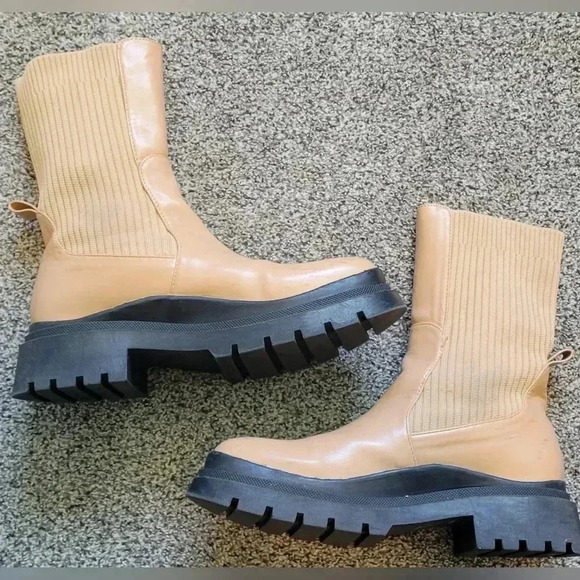 Camel Knitted Panel Wave Sole Chunky Calf High Ankle Boots, womens size 9 - Picture 4 of 12